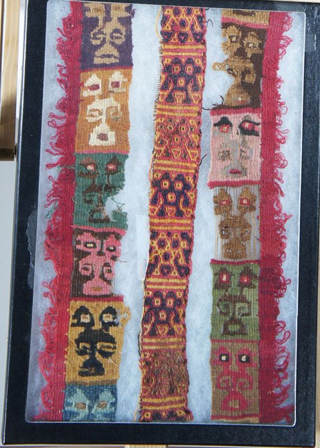 CHIMU TEXTILE SASH REMNANTS, -PERU, ,: Title: from from a ceremonial or otherwise special sash with figurative elements: colored woven wool (dk. green , red, black, various shades of pink, blue, black brown and gold), , 1000-1300 A.D., , ,