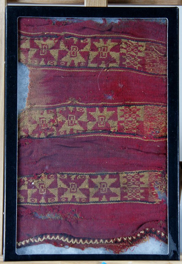CHIMU TEXTILE-PERU, ,: Title: colored woven wool (maroons, dk. green and gold), , 1000-1300 A.D., , , , , Size info: approx 12 by 8 in. (30 by 20 cm.), , , Framing: Mounted in 12 by 8 in. museum frame,