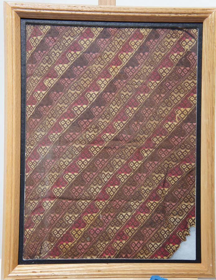 ANTIQUE TEXTILE-PERU, ,: Title: colored pattern woven wool, intricated pattern in fushia, dk. red, brown,gold, , c. 950-1200 A.D., , , , , Size info: approx 16 by 12 in. (40 by 32 cm.), , , Framing: Mounted in