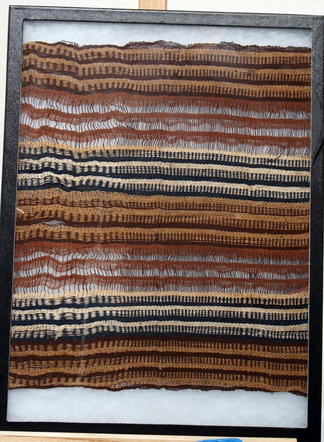 CHIMU TEXTILE-PERU, ,: Title: colored pattern woven wool, probably fragment of shawl, dk red, dk. blue, browns and golds, , 900-1200 A.D., , , , , Size info: approx 12 by 13 in. (32 by 33 cm.), , , Framing: