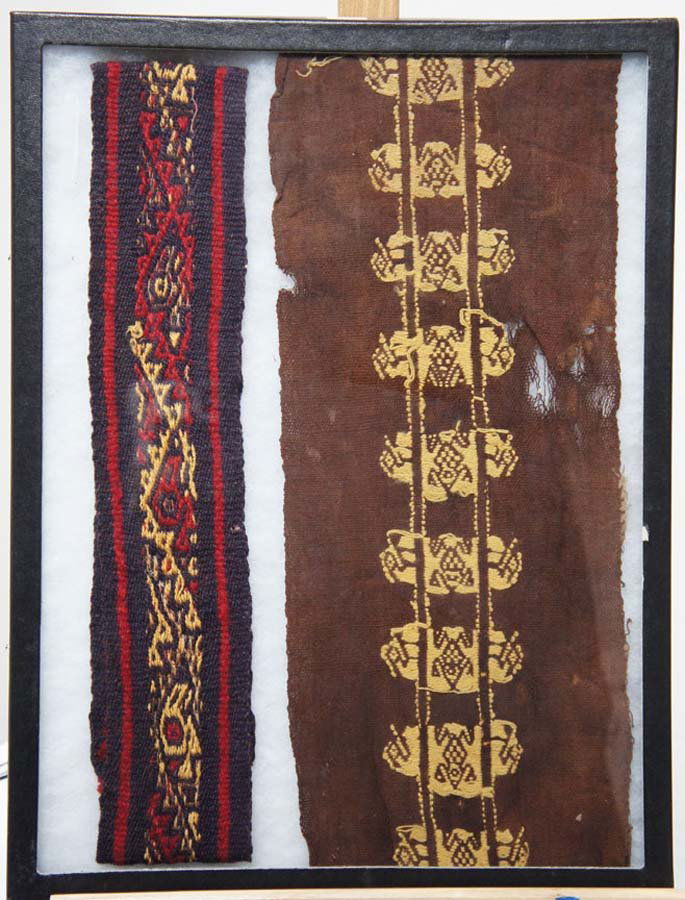 TEXTILES-ANCIENT PERU, ,: Title: two pieces, unrelated, geometric with purple, red, gold, and brown and gold, , 900-1200 A.D., , , , , Size info: approx 16 by 6 in. (40 by 16 cm.) and 16 by 2 in. (40.5 x 5 cm.), , ,