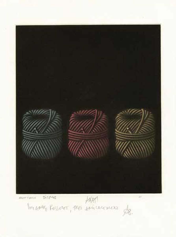 AVATI, MARIO, French b. 1921,: Title: "Ficelles (Strings)" , colour mezzotint, , 1969, signed, titled, dated and inscribed 'epreuve d'artiste' and with a pencil dedication, , , , Size info: ,sheet: 32.0 x 24.0 cm - (12½ x 9½ inc