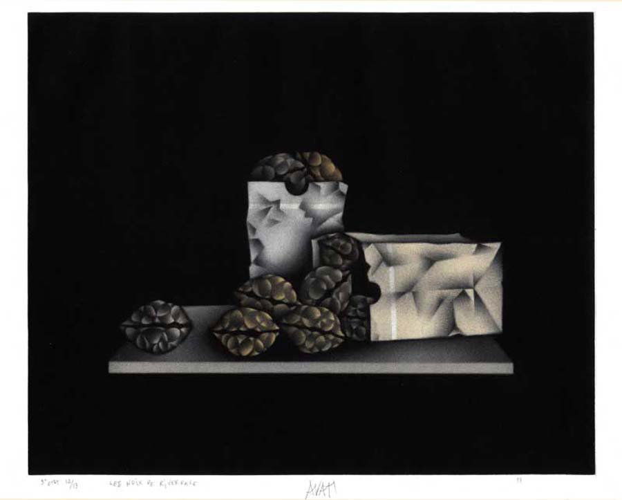 AVATI, MARIO, French b. 1921,: Title: "Les noix de Riverdale (The Riverdale nuts)" , colour mezzotint, , 1978, signed, titled, dated and inscribed '3e etat 12/13, , , , Size info: ,sheet: 38.0 x 48.0 cm - (15 x 19 inches) ,plate s