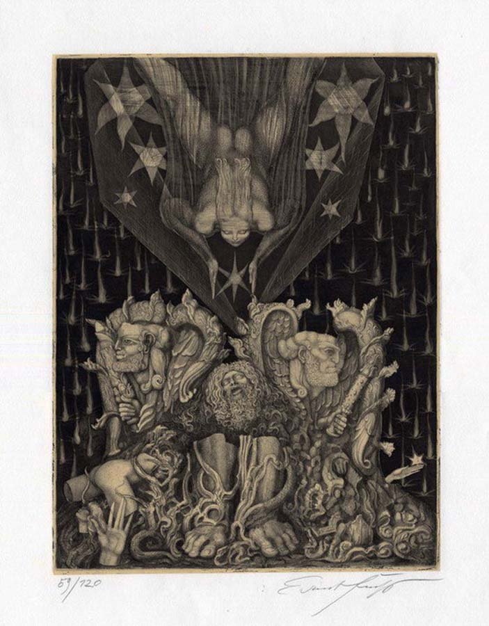 FUCHS, ERNST, ,: Title: "Adams Zerstörung und Verheissung (Adam's Destruction)", etching,signed and numbered from the edition of 120,, 1969, , , , A fine rich impression on chine collée of the first finished state p