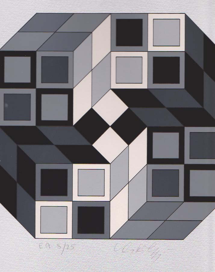 VASARELY, VICTOR, Hungarian/French, 1906-1987,: Title: "Silver I", silkscreen in colors, c. 1980, signed in pencil,, numbered 8/25 EA, aside from the regular edition of 250, , , Size info: ,sheet: 12.5 x 9.75 in (31.75 x 24.77 cm) , ,