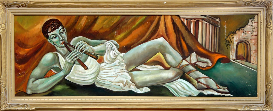 Rhea,20th C.: (reclining Classical Figure Playing Flute), oil on canvas c. 1950 signed by the artist lower left, Additional and larger photos and more information may often be available in our main site catalog. Si