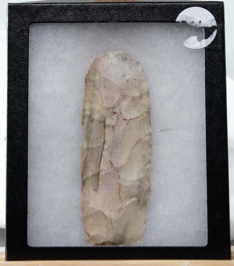 ANCIENT STONE TOOLS, ,: Title: stone scraper or knife, described on a label as Cooper County, Miss. , , , , , , , Size info: 4 1/2 in. (11.5 cm.), , , Framing: , , ,