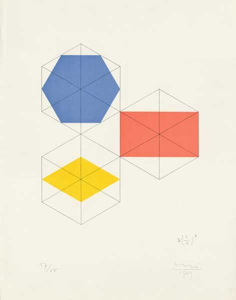 BILL, MAX, Swiss, 1908 - 1994,: Title: "Drei halbierte Würfel - (Three Halved Cubes)" , lithograph printed colors on BFK watermarked paper,1969, signed in pencil, numbered 57/65 and inscribed in pencil "3(2/2)3",As published by Gal
