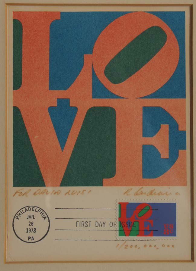INDIANA, ROBERT, American b. 1928,: Title: "Love, first day of issue post card and stamp", and two other postcards,, offset prints on various card stocks,,c. 1973, all signed and extensively dedicated by the artist,, , , , Size info: ,s