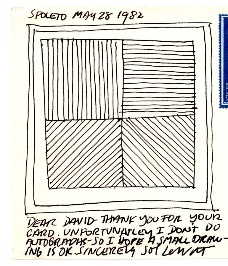 LEWITT, SOL, American 1928-2007,: Title: "Geometric Pattern" , pen and ink on postcard,,1982, signed with note by the artist, , , , Size info: ,sheet: 5 by 7 in. (12.5 17.5 cm.) ,plate size: drawing aprox. 5 by 4 in. (12.6 x 10.2 cm.)