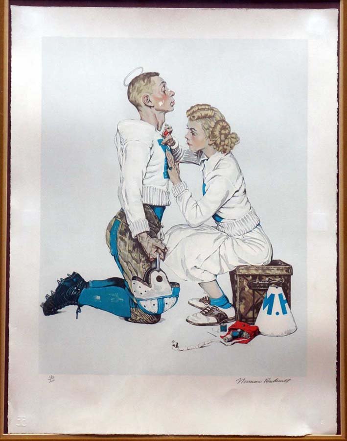 ROCKWELL, NORMAN, American 1894-1978,: Title: "Football Hero (letterman)", lithograph printed in nine colors, 1976, signed in pencil by the artist, numbered 130/200 (total recorded edition was 320),As published by Eleanor Ettinger, New Yor