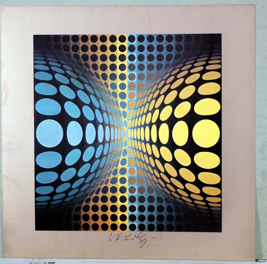 VASARELY, VICTOR, Hungarian/French 1908-1997,: Title: "Op compositions", eight individual sheets probably used as tear sheets for a portfolio of silkscreens, plus two signed postcards, one signed blank card,, offsets on coated paper,,c. 1975, each
