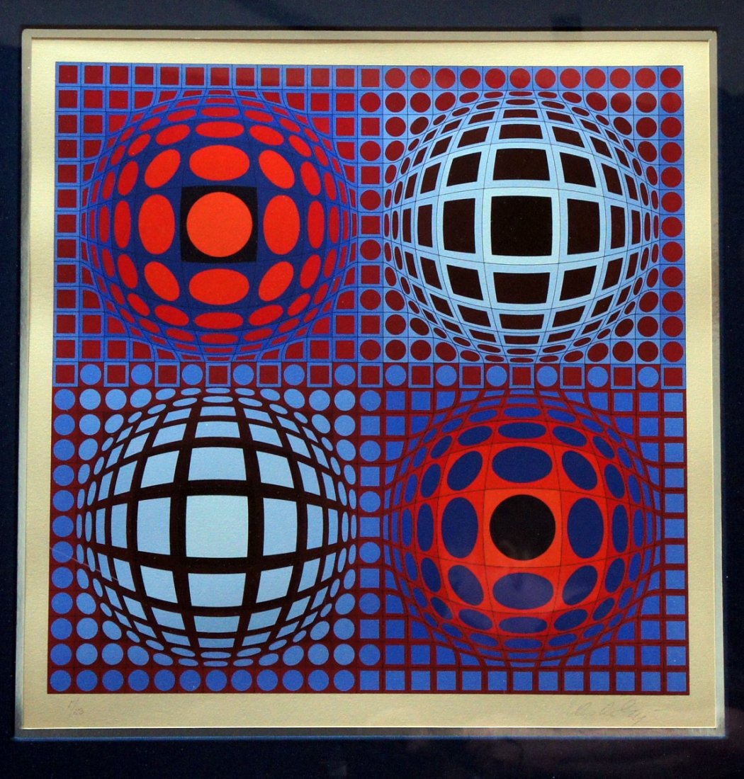 VASARELY, VICTOR, Hungarian/French 1908-1997,: Title: (Op Composition), screeprint printed in colors,,c. 1974, signed in pencil , numbered 5/150, , , Size info: , ,plate size: 19 by 19 in. (48 x 48 cm.), Framing: Framed, but unexamined ou