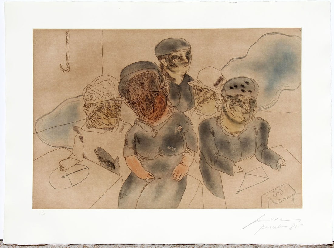 Cuevas, Jose Luis,Mexican b. 1934: "La familia del marino" from the Barcelona Suite, etching in colors 1981 signed and dated in lower right by the artist numbered 9 from an edition of 100 Published by Ediciones Poligrafa, Barcelona Ser