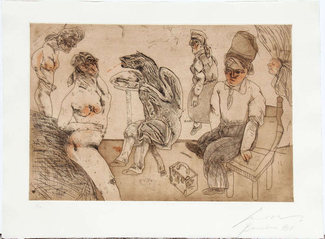 Cuevas, Jose Luis,Mexican b. 1934: from the Barcelona Suite, etching in colors 1981 signed and dated in lower right by the artist numbered 9 from an edition of 100 Published by Ediciones Poligrafa, Barcelona Series I, Plate 6 Additiona