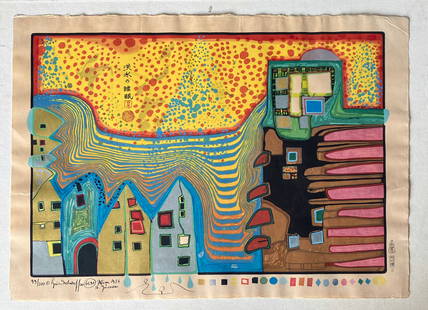 Hundertwasser, Friedensreich, Austrian (1928-2000): "Flooded Sleep" from "Midori No Namida", woodcut in approximately 25 colors with gold and silver metal imprints, on buff colored Japon paper 1973-1976 signed in ink by the artist, with annotated date