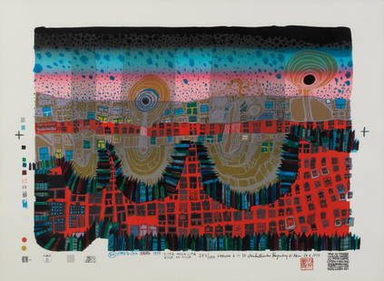 Hundertwasser, Friedensreich, Austrian (1928-2000): "Town in Town" , Screenprint in colors with metal imprints, on Fabriano paper, 1979 signed in ink, dated, annotated 'Version 6 37' dated and numbered 169/300, one of 35 versions in this color combinat