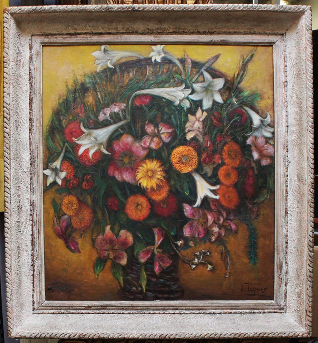 Tepper, Joseph,Russian/American 1886-1977: (Floral), oil on canvas c. 1955 signed lower right Additional and larger photos and more information may often be available in our main site catalog. Size info: 28 by 25 in. ( 70 xc 63 cm.) , , A very
