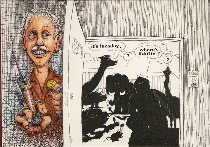 ARTIST UNKNOWN-CARICATURE, American 20th c.,: Title: "Where's Marlin", , pen and ink and watercolor on paper, ,2000, signed by the artist, indistinct, , , , Size info: 16 by 20 in. (40.4 x 51 cm.), , , Framing: Framed, but unexamined out