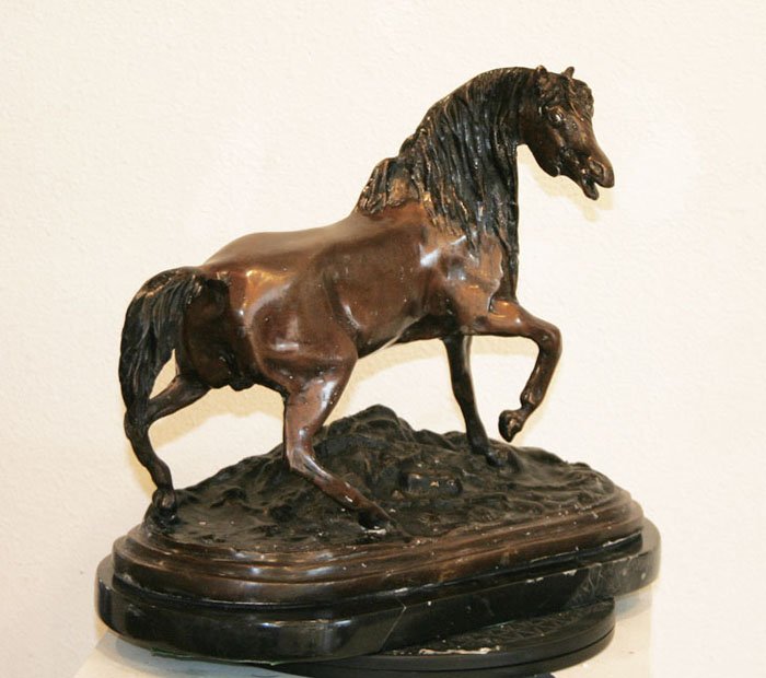 MENE, PIERRE JULES (AFTER), French 1810-1877,: Title: A bronze recast of a stallion, after the scupture "L'Accolade". , , , with the mark "P. J. Mene" in the base , , , , Size info: 14 by 11 1/2 by 6 1/2 in.(36 x 27 x 16.5 cm.), , , Frami