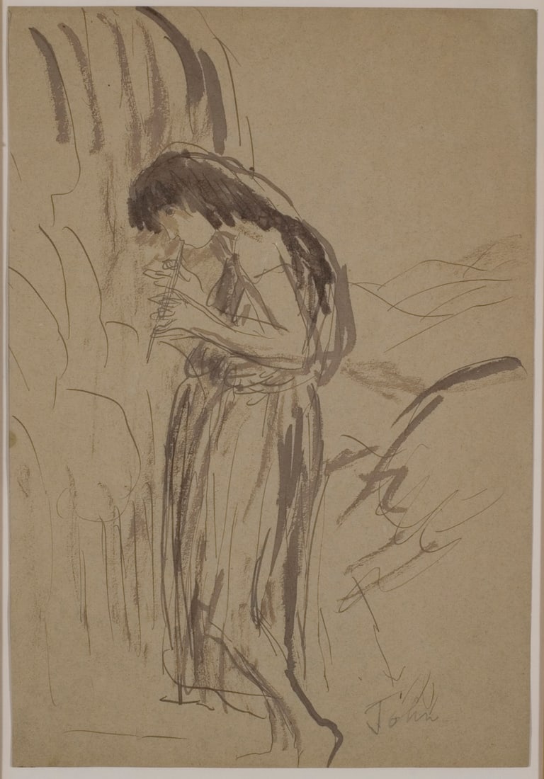 John Augustus British 18781961 "flute Player" C. 1940 Pencil/ink Wash