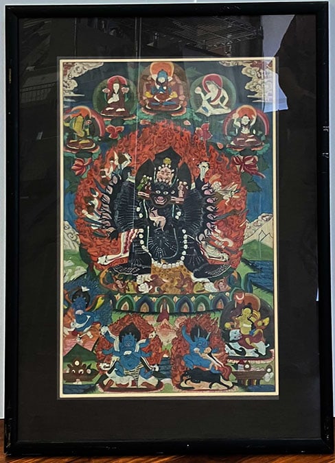 Tibitian Thangka Painting,French 1869-1954: (Black figure amid Buddhist Deities ), oils on canvas or cloth c. 1950 Additional and larger photos and more information may often be available in our main site catalog. Size info: 26 by 16 in. (55 x 