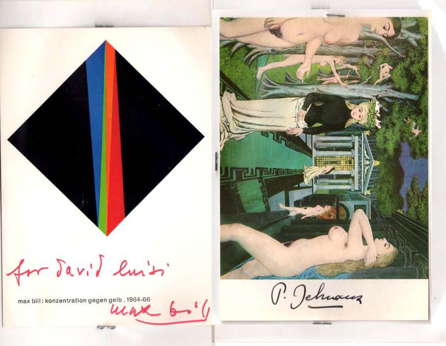 A COLLECTION OF ILLUSTRATED POST CARDS BY EUROPEAN ART: Title: artists include Agam(illustrated card, signed note card, letter), Christo (Grand Hogback, Rifle, Co.), Paul Delvaux, Max Bill( plus 1 signed notecard by Bill), total 7 items, mostly offset lith