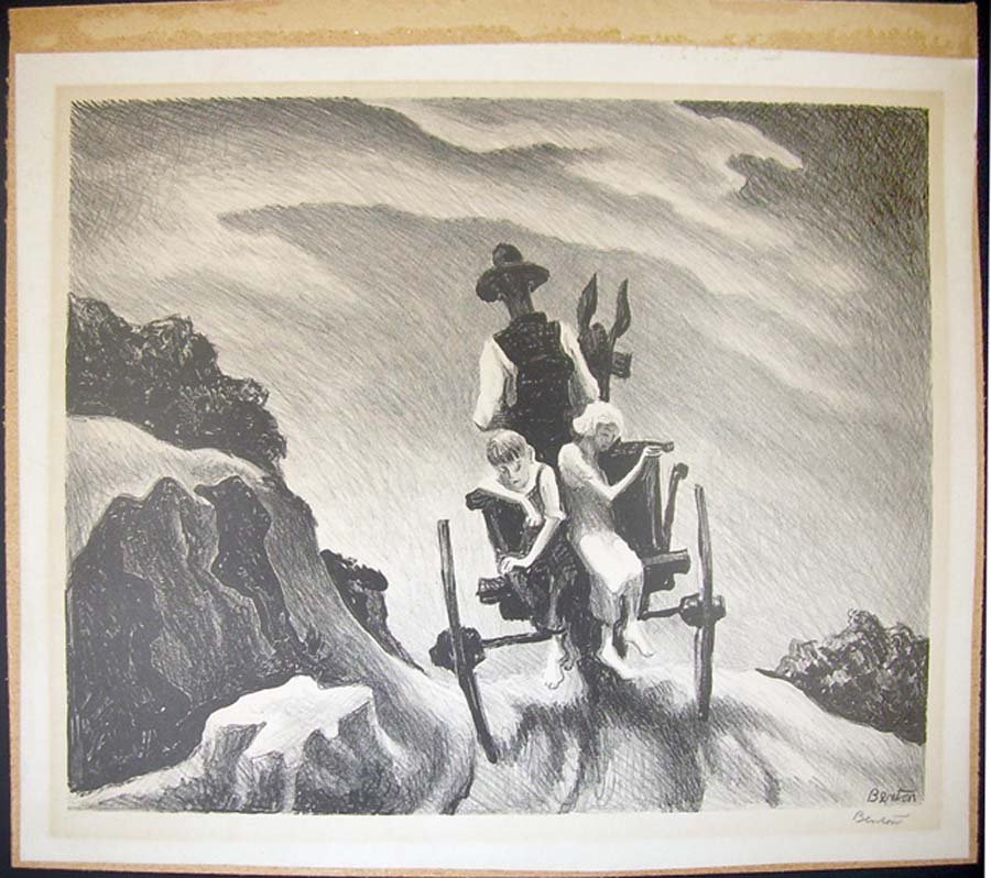 BENTON, THOMAS HART, ,: Title: "Going Home,", lithograph,, 1937, signed by the artist, , from the edition of 250,,as circulated by Associated American Artists, NY, NY, with their label attached to backing sheet, , Size info: