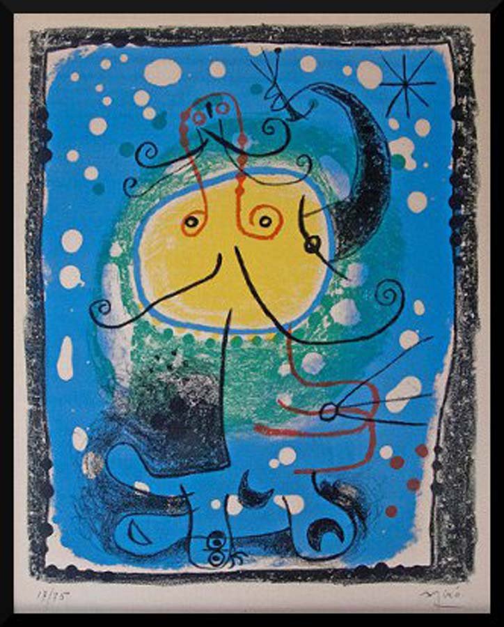MIRO, JOAN, ,: Title: "Figure on a blue background", lithograph printed in colors on BFK Rives paper, 1957, signed in pencil, ,As printed by Mourlot, Paris., , Size info: ,sheet: 18 by 14 in. (45 x 35 cm.) ,plate si