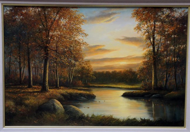 BLACKMAN, WILLIAM, American 1930-,: Title: "October Sunset", oil on canvas, c 1980, lower left, "oil wm blackman", also signed verso, with copyright notice and artist's thumbprint., , , , Size info: 24 by 36 in. (61 x 91.4 cm.), , ,