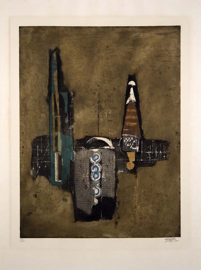 FRIEDLANDER, JOHNNY, German 1912-1992,: Title: (composition) with annotation verso 'IMAGES, MA GARDEN'" , etching and aquatint printed in colors,,1970, signed lower right in pencil, , numbered 57/135,, , , Size info: ,sheet: 30 x 22 1/2 in.