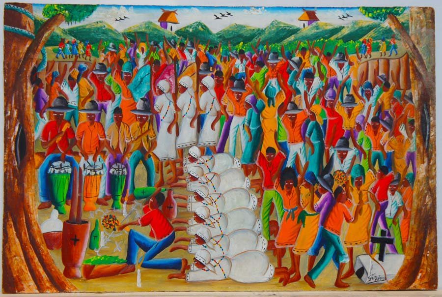 Joseph, Fritz, Hatian 20th Century,: Title: "Voodoo Ceremony". Signed l/r. Oil on Masonite. , oil on masonite. , c. 1960, signed lower right , , , , Size info: ,sheet: 16 by 24 in. (41 x 61 cm.) , , Framing: Sold unfra