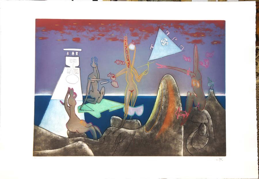 Matta, Roberto S.E., Chilean 1911-2003,: Title: "4 A.M." from the suite "L'Arc Obscure des Heures", suite of ten with title page, text by Heraclite and justification, etchings with aquatint printed in colors on Arches paper,,1975, signed in 