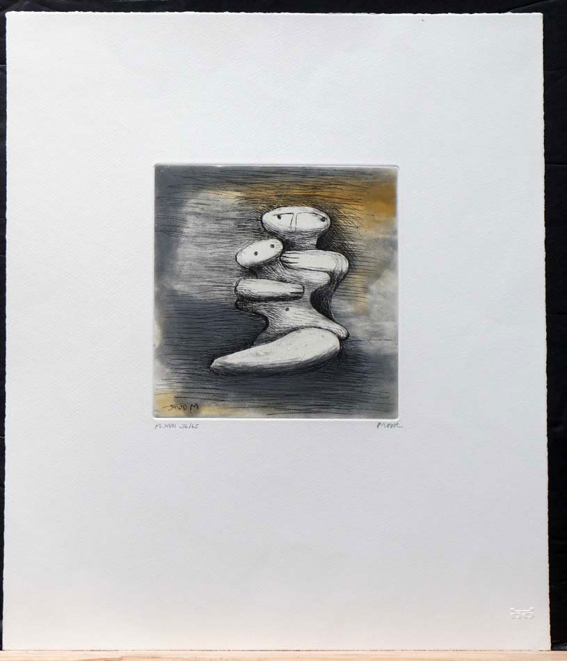MOORE, HENRY, British 1898-1986,: Title: "Composition XVII" from "Mother and Child" suite, etching printed in colors,1983, signed by the artist,, numbered 36/75,As published by Raymond Spencer Company, Ltd. for the Henry Moore Foundat