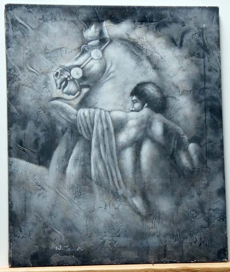 James, W. American 20th C.,: Title: (Male Nude and Horse), oil on canvas with impasto effects ,c. 1995, signed , , , , Size info: 24 by 21 in. (61 x 51 cm.), , , Framing: Sold unframed, ,
