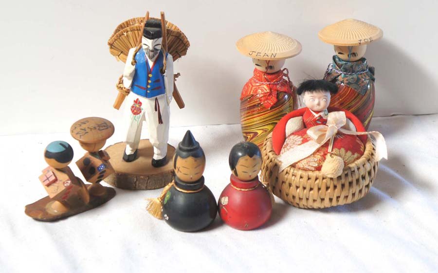 Japanese Family Group and related wood figures: 7 items, mostly wood with fabric and hand painted features, some hand carved, , c. 1950-1970, , , Size: 6 in height and smaller (15 cm.)