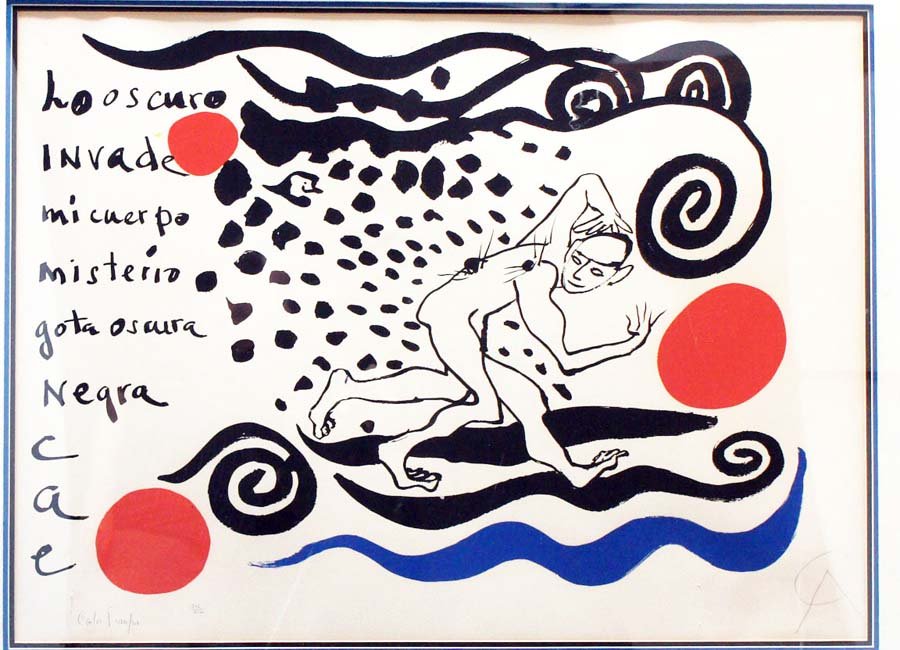 CALDER, ALEXANDER AND FRANQUI, CARLOS, American: Title: "LO OSCURO INVADE", Color Lithograph, 1970, signed in pencil lower right "Calder Franqui", Numbered Lower Left 267/500, , , Size info: ,sheet: 28 1/4 by 41 1/2 in. (71 x 105 cm.) , ,