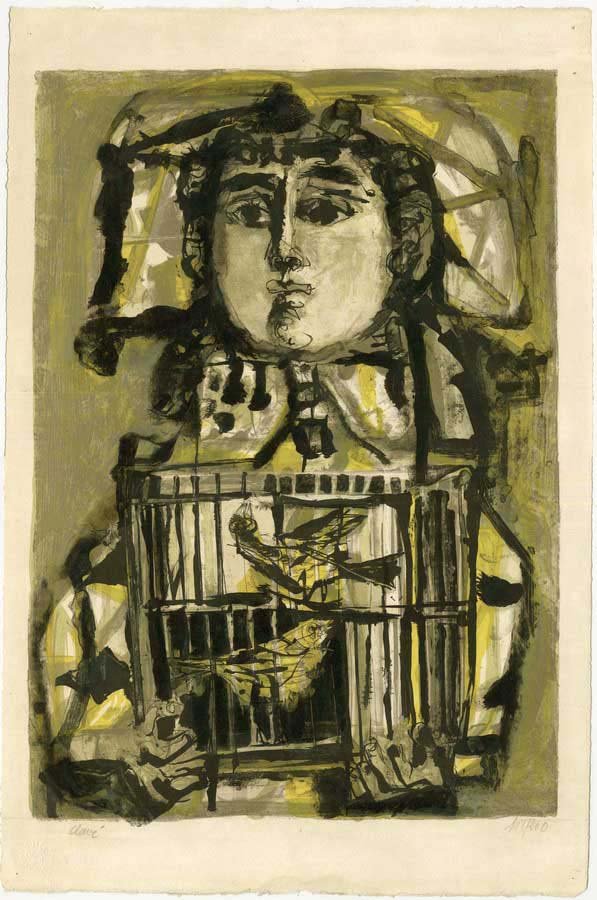 CLAVE, ANTONI, Spanish/French 1913-2005,: Title: "L'Enfant a la cage ou Femme aux oiseaux - Child with a Cage or Woman with Birds" , color lithograph on on wove paper (green version), 1950, signed by the artist , numbered 114/200,Printed at t
