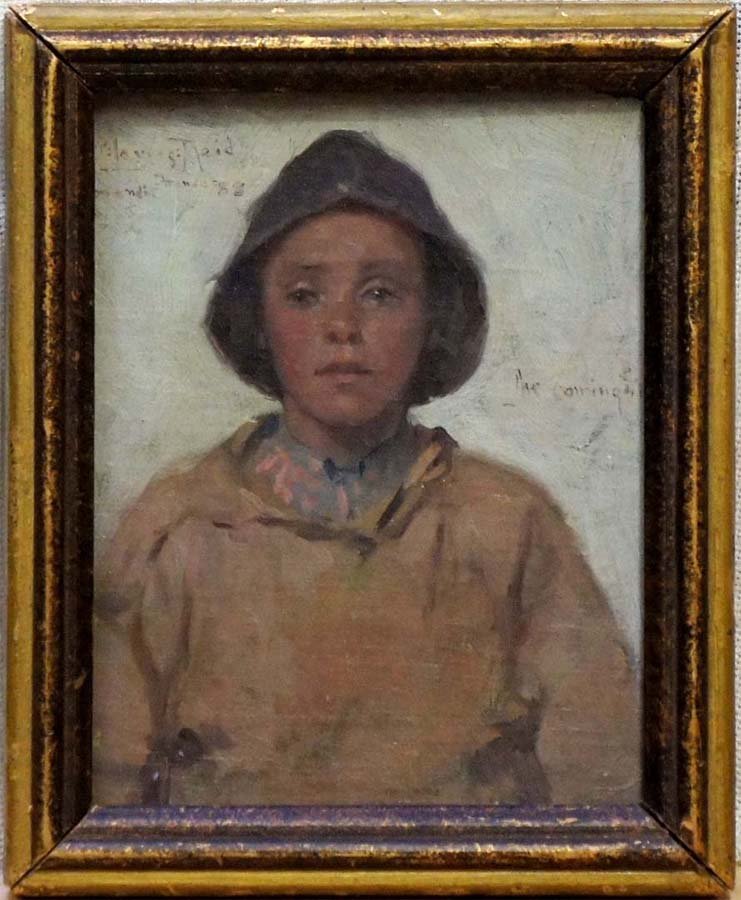 REID, ROBERT LEWIS, American 1862-1929,: Title: "The Coming" (titled just to the right of the hat), oil on canvas, laid to hardboard,, 1888, signed upper left 'Robert L. Reid', annotated 'Normandy France, 88', , , , Size info: 9 by 7 in. (2