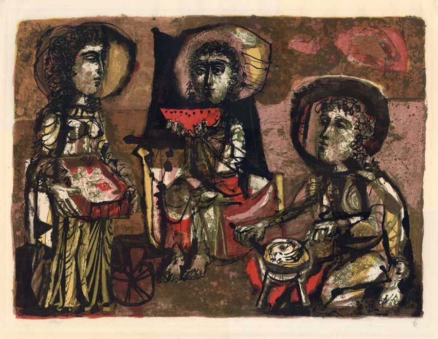 CLAVE, ANTONI, Spanish/French 1913-2005,: Title: "Les Trois Maries" , color lithograph on on wove paper, 1952, signed by the artist , numbered 5/95,Printed at the Atelier Edmond & Jacques Desjobert, Paris and published jointly by Klipstein & 