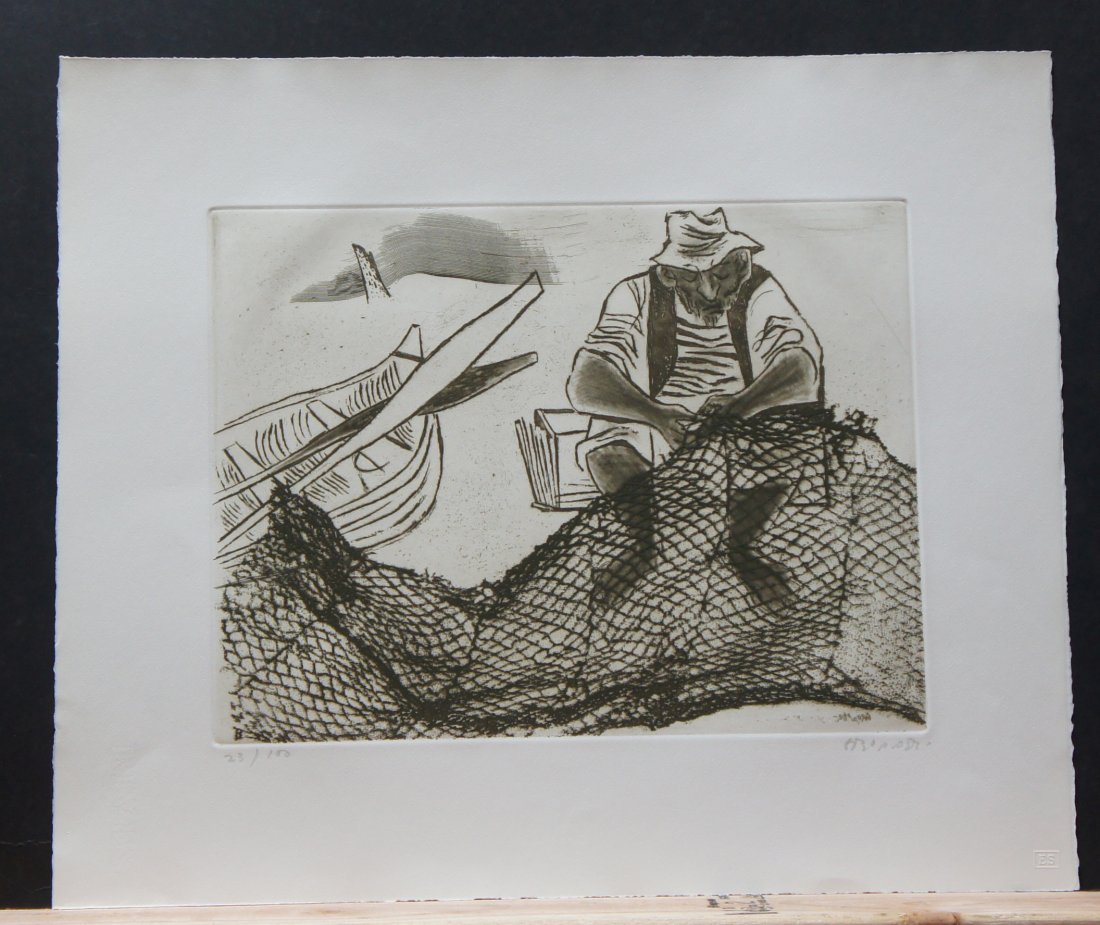 GROPPER, WILLIAM, American 1897-1977,: Title: "Fisherman" from the portfolio "Gropper: Twelve Etchings", etching on BFK Rives watermarked paper,1965, signed in pencil, also signed in the plate(reverse) , numbered 23/100,As printed by Emili