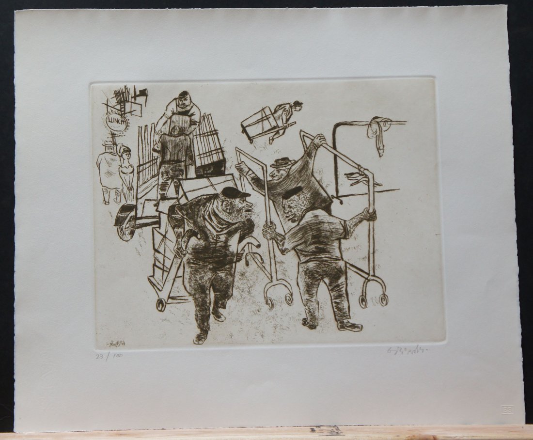 GROPPER, WILLIAM, American 1897-1977,: Title: "Market on 38th St." from the portfolio "Gropper: Twelve Etchings", etching on BFK Rives watermarked paper,1965, signed in pencil, also signed in the plate(reverse) , numbered 23/100,As printed