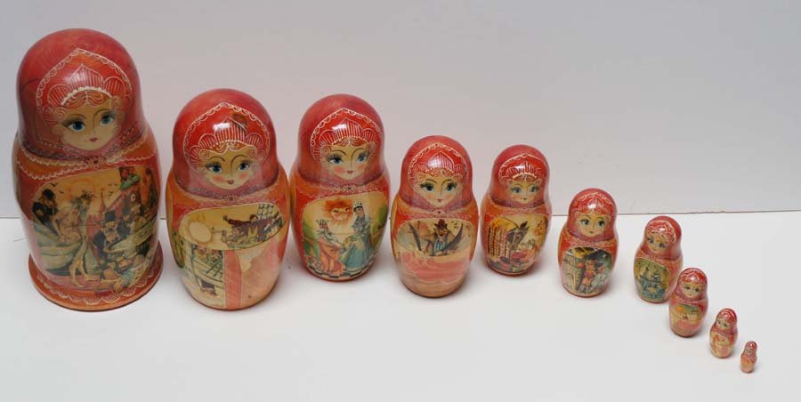 MATRYOSHKA NESTING DOLLS,Russian 20th Century,: Title: Nesting Dolls, set of 10, possibly the fable "The Emperor's Clothes" or variation, hand turned wood with hand painting,,c. 1990 ?, hand signed at base of largest in crylic: KohÒk ******** (see