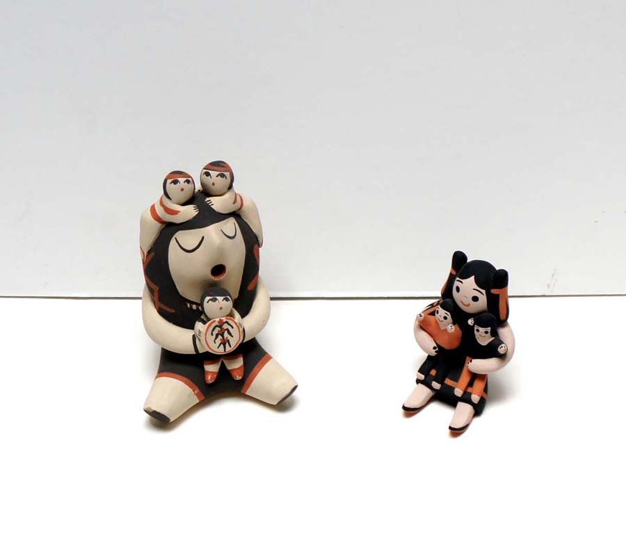 ARTISTS'S UNKNOWN, American-Indian 20th C.,: Title: "Story Tellers" two signed ceramic dolls in Indian costume, possibly Pueblo tribe, hand fired, hand painted pottery,c. 1990, each signed on base, one with multiple names (collaborative?), , , ,