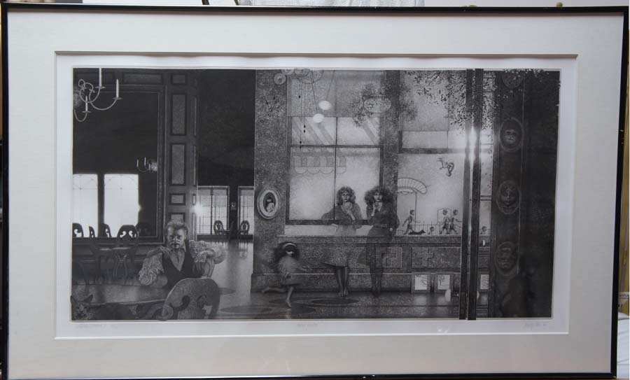 MILTON, PETER, American b. 1930,: Title: "American Interior I: Family Reunion" , etching and engraving on wove paper,1984, signed in pencil, titled, dated and numbered 94/175 , , , , Size info: sight 22 x 37 3/4in (55 x 93 cm.), , ,
