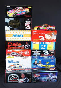 Earnhardt, Dale: Earnhardt, Dale, Collection of Die-cast Dale Earnhardt Stock Cars + Peter Max Earnhardt Bank, 10 x 3 1/2 x 5, 1:24 die-cast cars with movable parts, all limited edition, including last lap of the