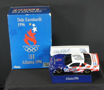 Earnhardt, Dale: Earnhardt, Dale, Dale Earnhardt 100 Atlanta 1996 Stock car on Bank base, 7 1/2 x 6 1/2 x 10, 1:24 scale die-cast car, limited edition Winston cup collectible,Sports Image incorporated, quantity: 1