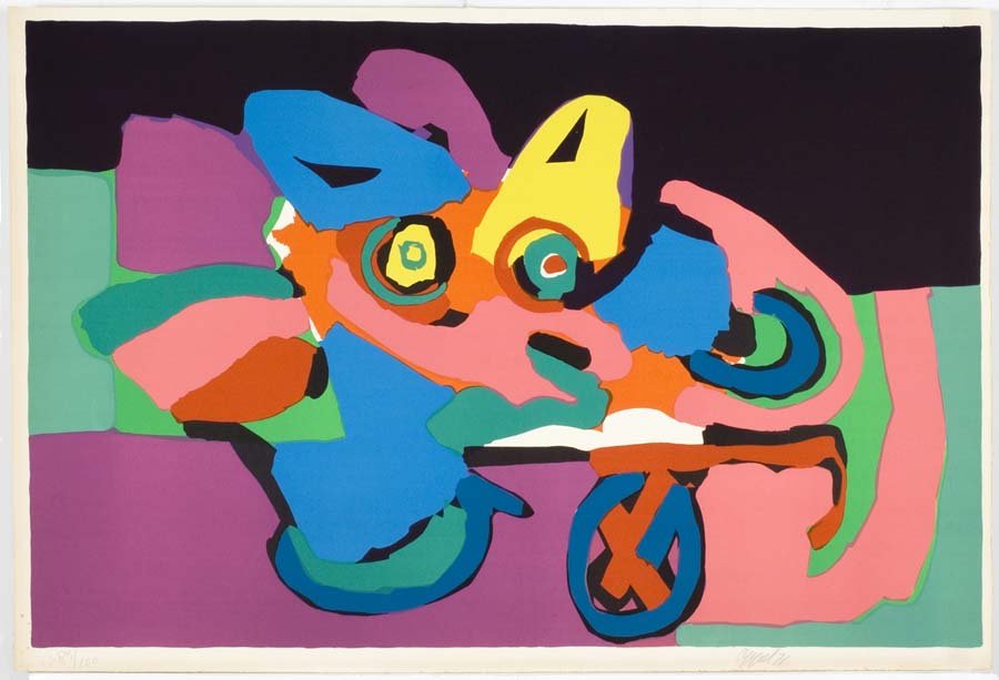 APPEL, KAREL, Dutch 1926-2006,: Title: "HEAD ON O NE-WHEEL WAGON" , lithograph printed in colors, ,1971, signed and dated lower right and on verso, numbered 85/100, , , Size info: ,sheet: 28 1/2 x 41 1/2 in. (70 x 102 cm.) , ,