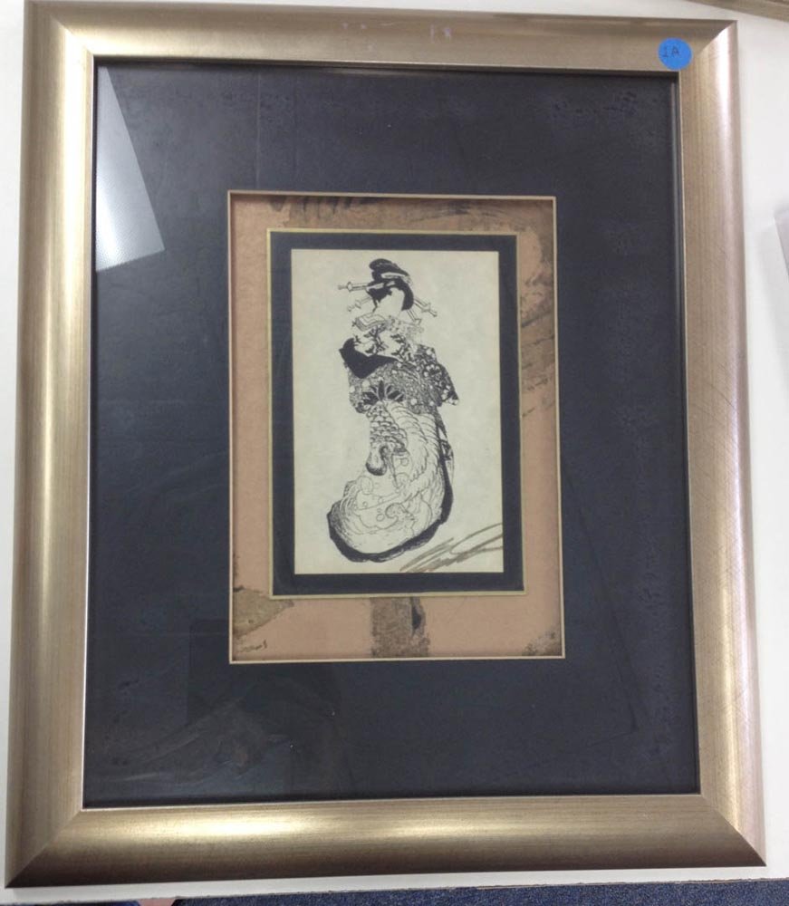 A COLLECTION OF JAPANESE STYLE ART WORK, ,: Title: Butler, "Geisha Doll, 1,2,3"; three other works, plus Japanese small folding screen, prints on silk or paper, possibly with hand coloring,, c. 1950-1970s, , , , , Size info: , , ,