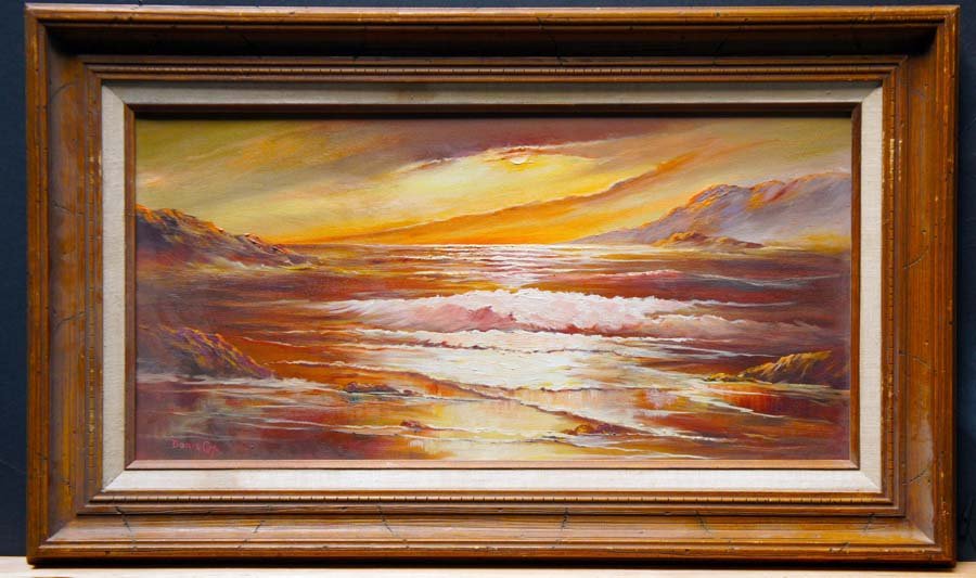 COX, DORIS, American 20th C.,: Title: (sunset on the beach), oil on canvas, , c. 1980, signed lower left, , , , , Size info: 12 by 24 in. (30 x 60 cm.), , , Framing: Sold framed, , C